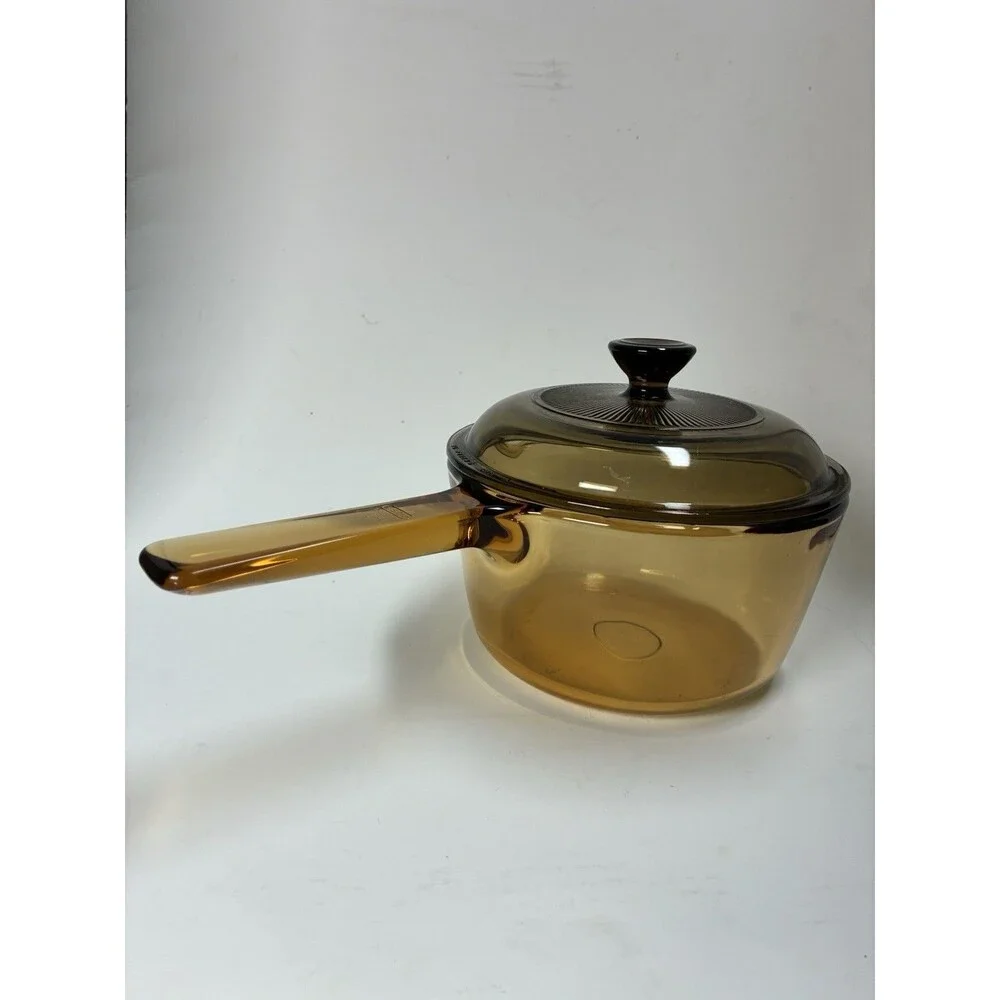 Pyrex Vision Corning Ware 1980's Amber 1L Glass Cooking Sauce Pan Spout Lid